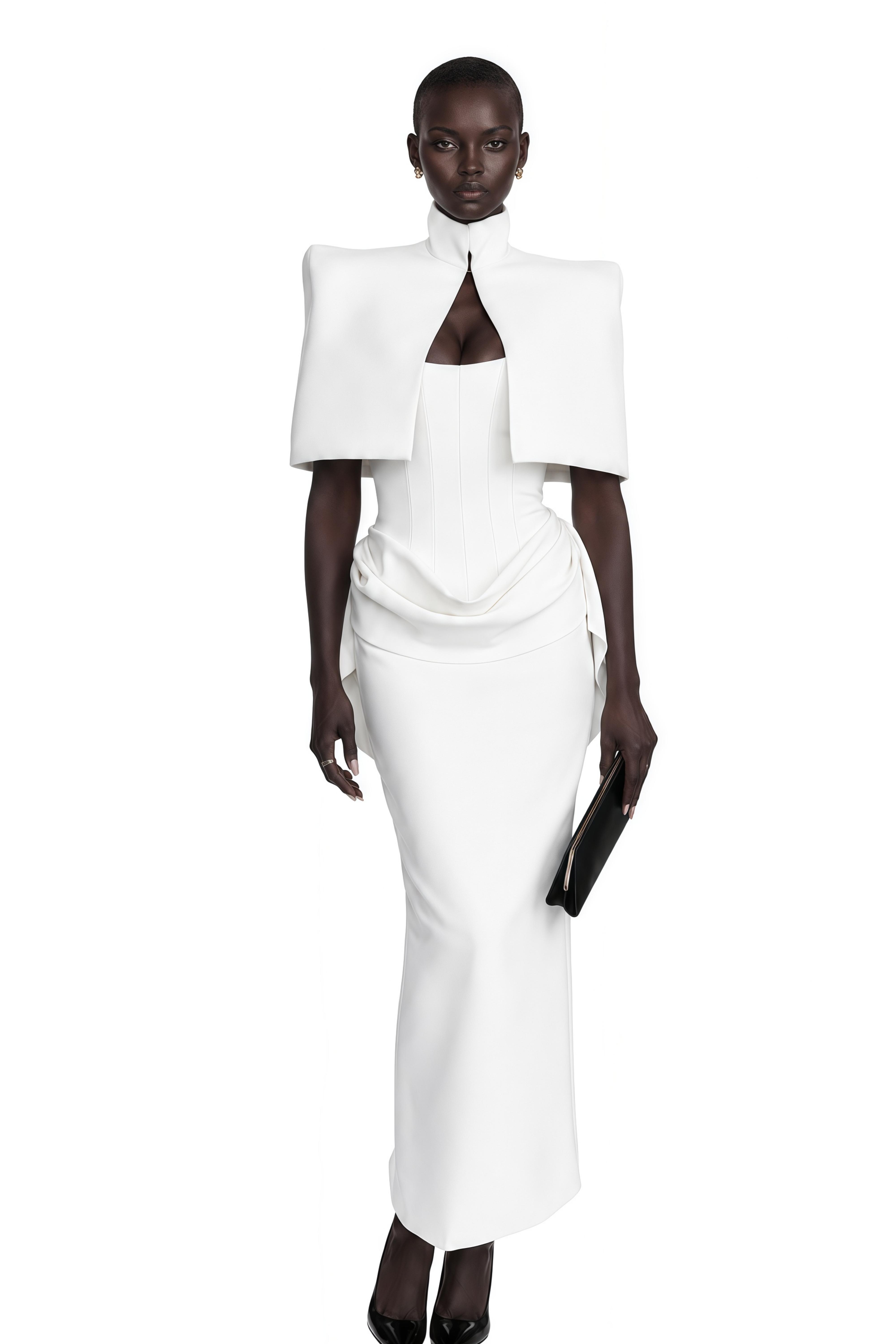 White strapless maxi dress with a draped waist