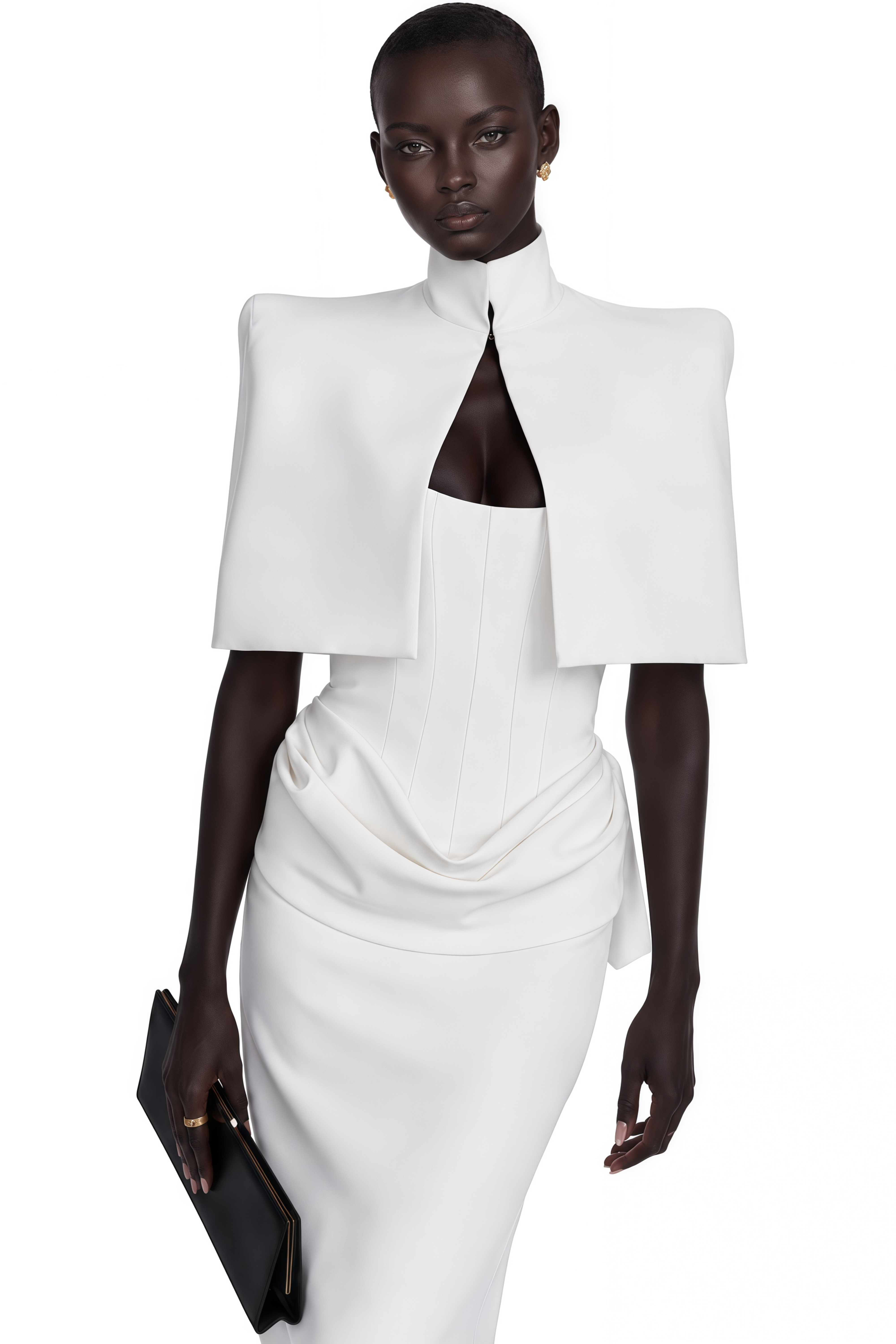 White strapless maxi dress with a draped waist