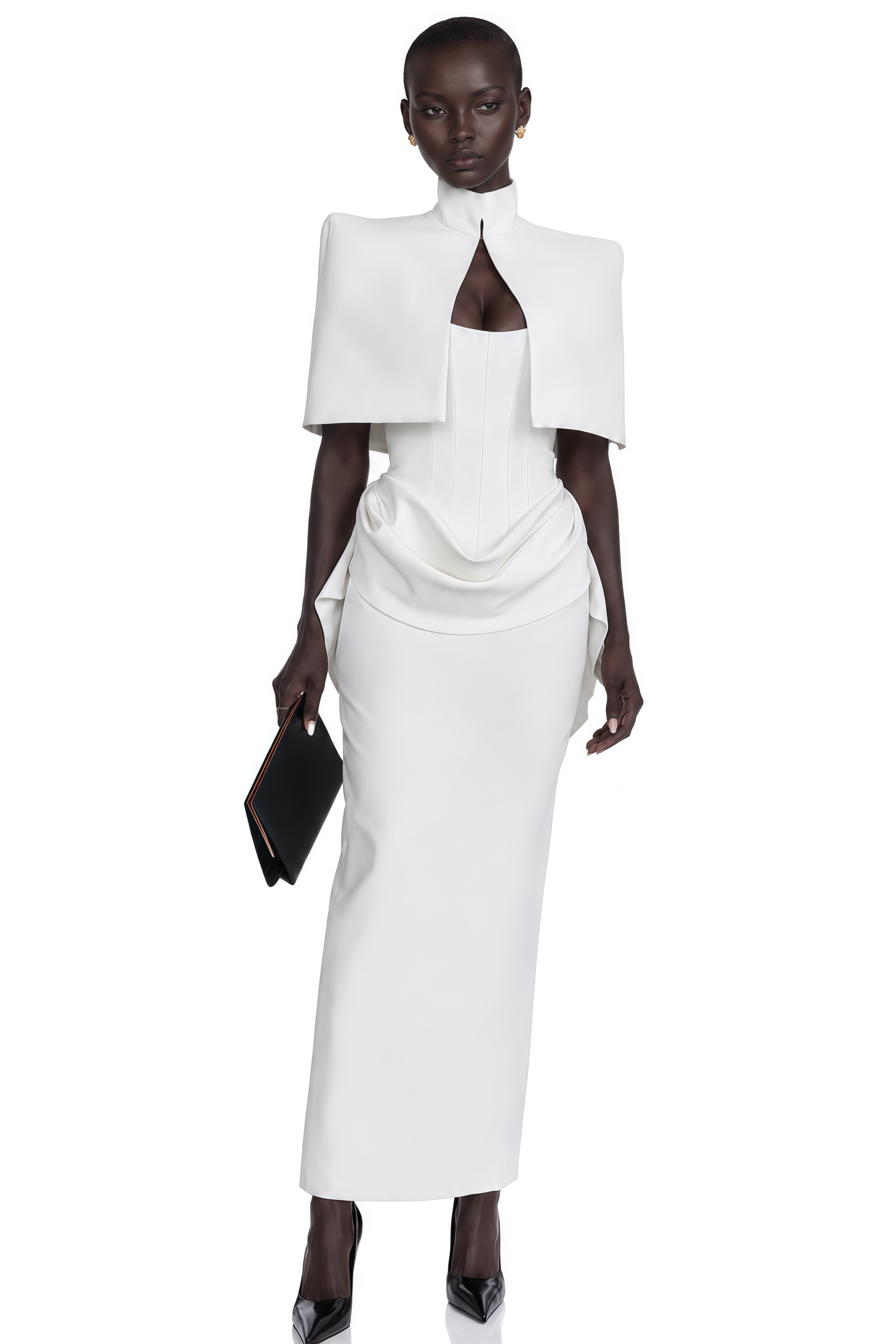 White strapless maxi dress with a draped waist