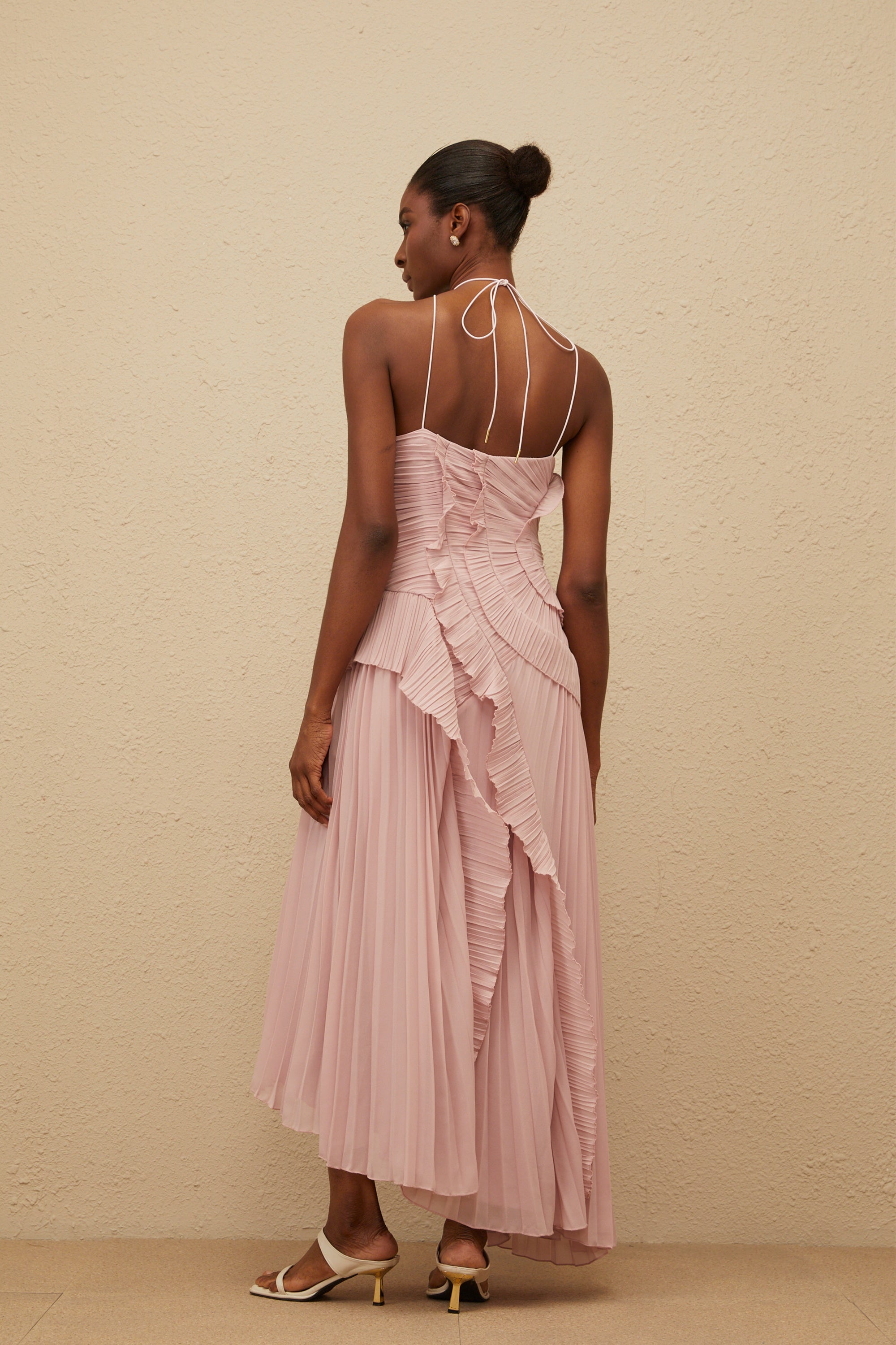 Pleated Frill Halter Neck Midi Dress