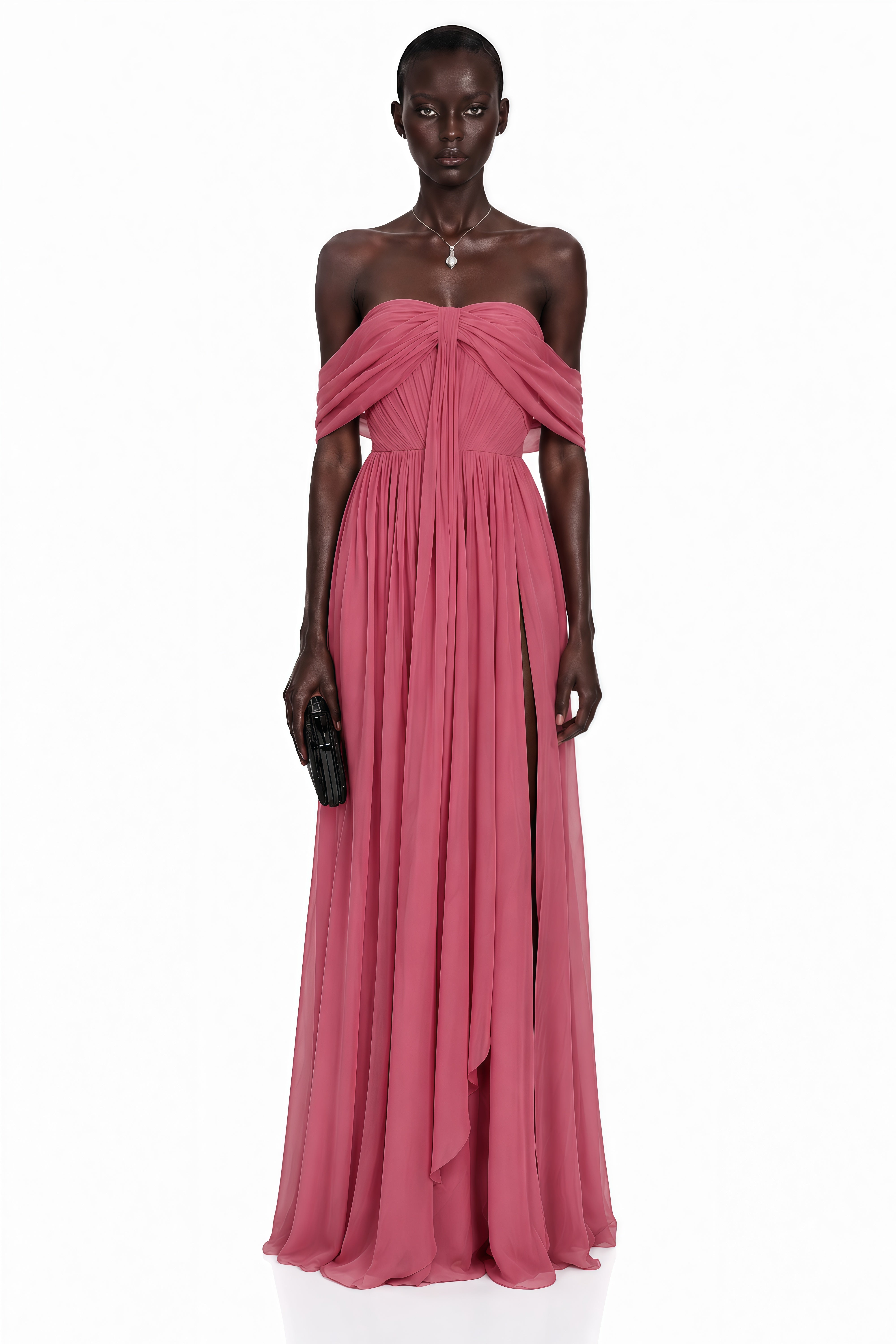 Pink off-the-shoulder chiffon maxi dress with a draped bodice and a high leg slit