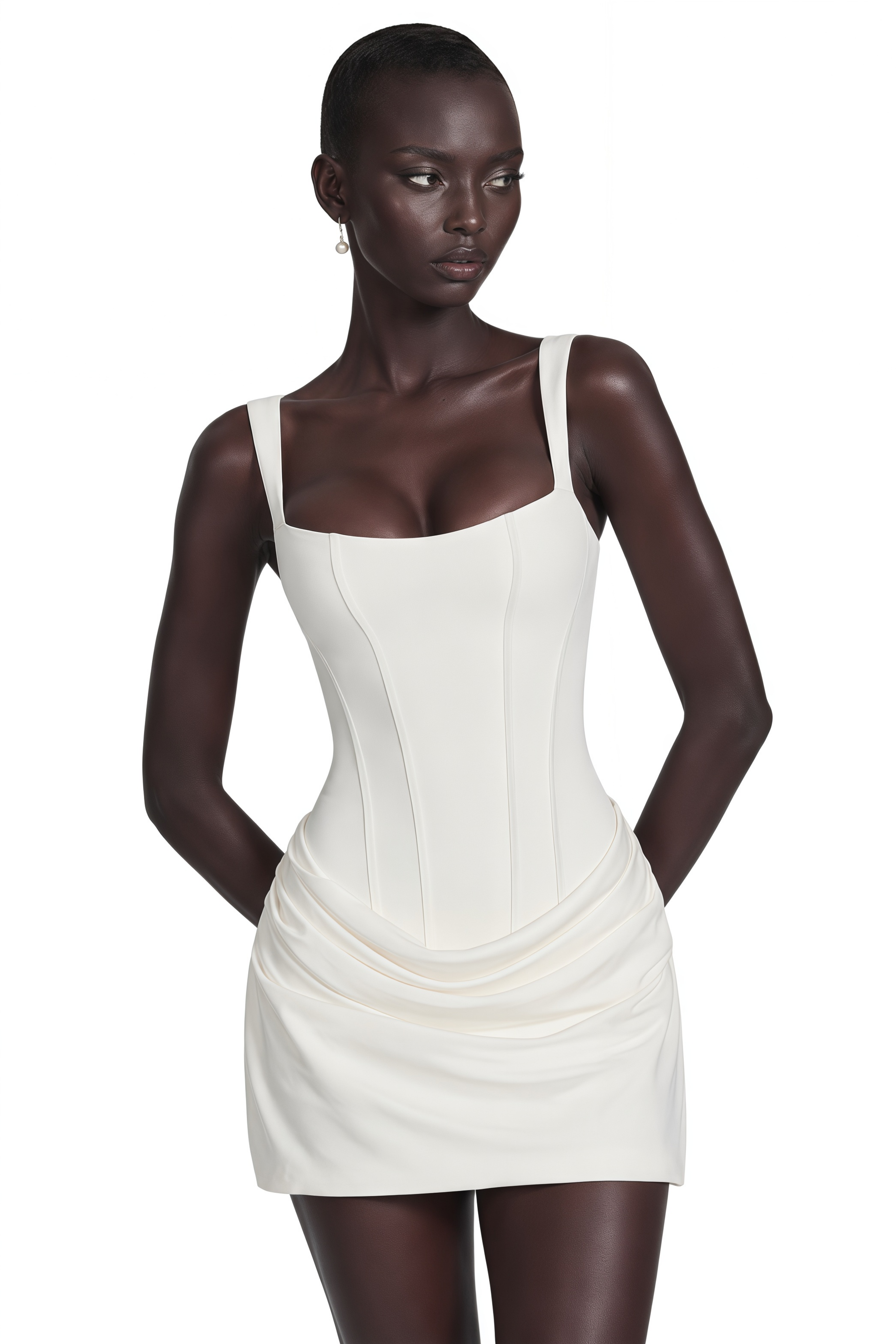 White corset mini dress with a draped skirt