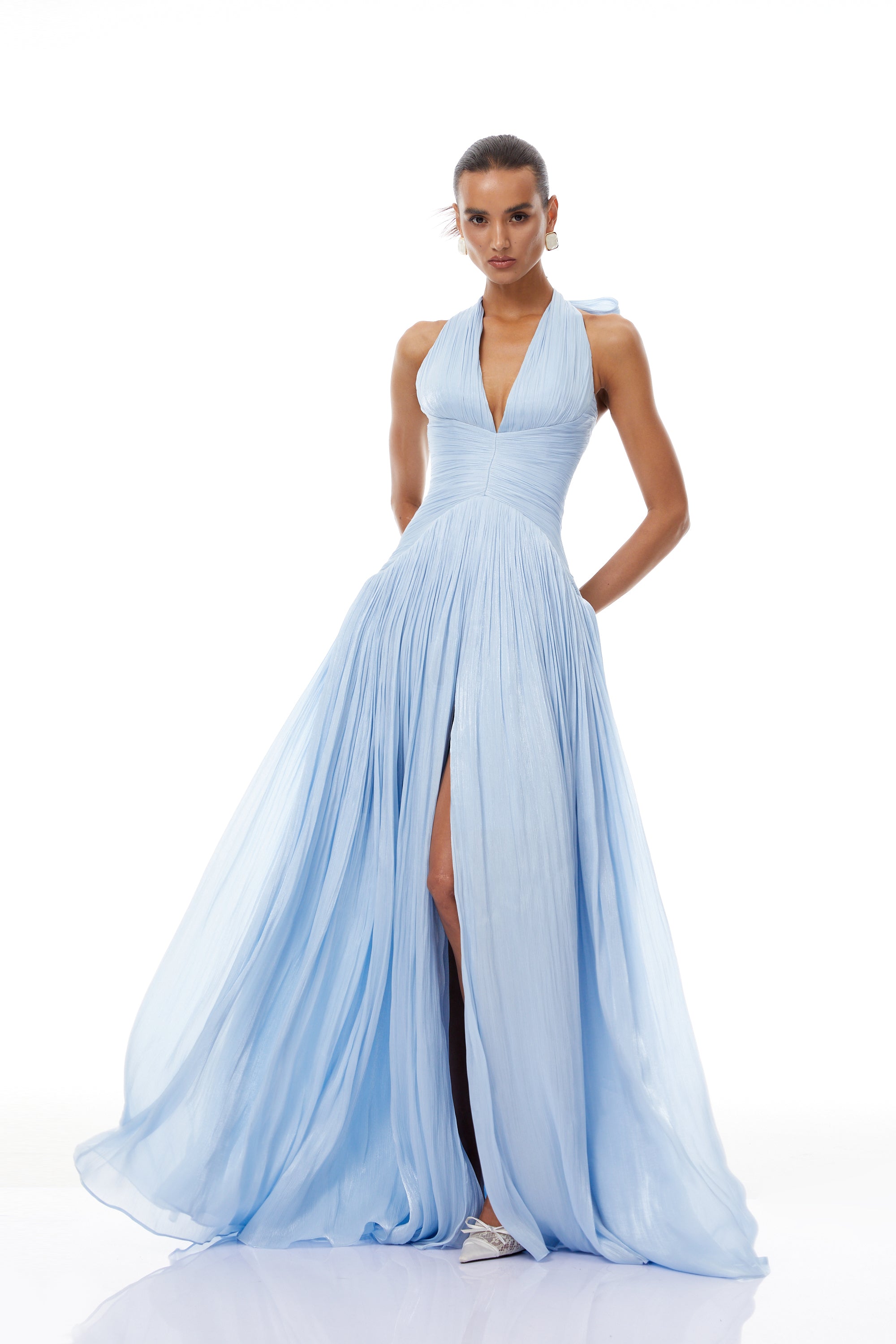 Blue Glossy Gathered Maxi Dress