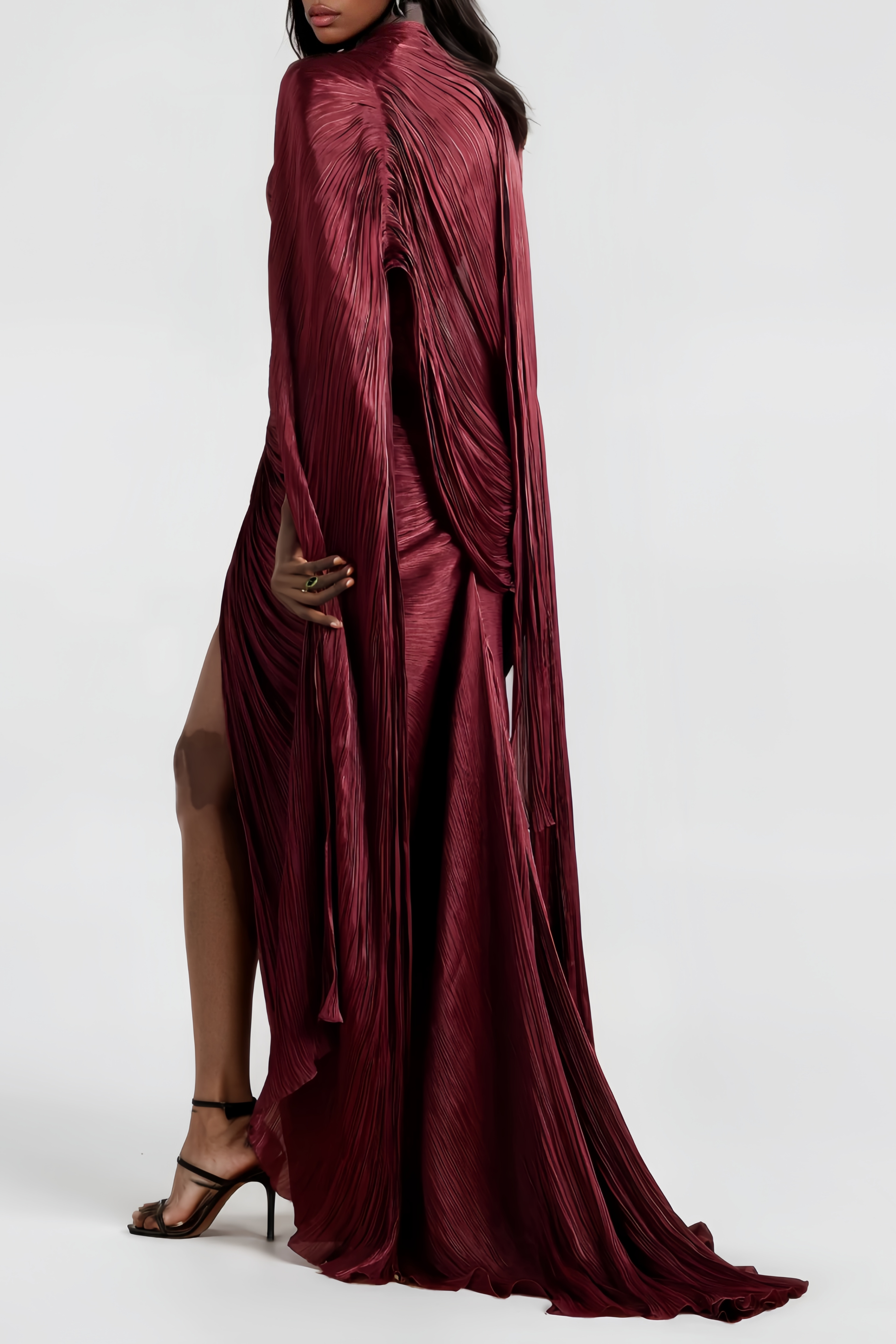Burgundy Strapless Plissé Silk-Satin Gown & Cape