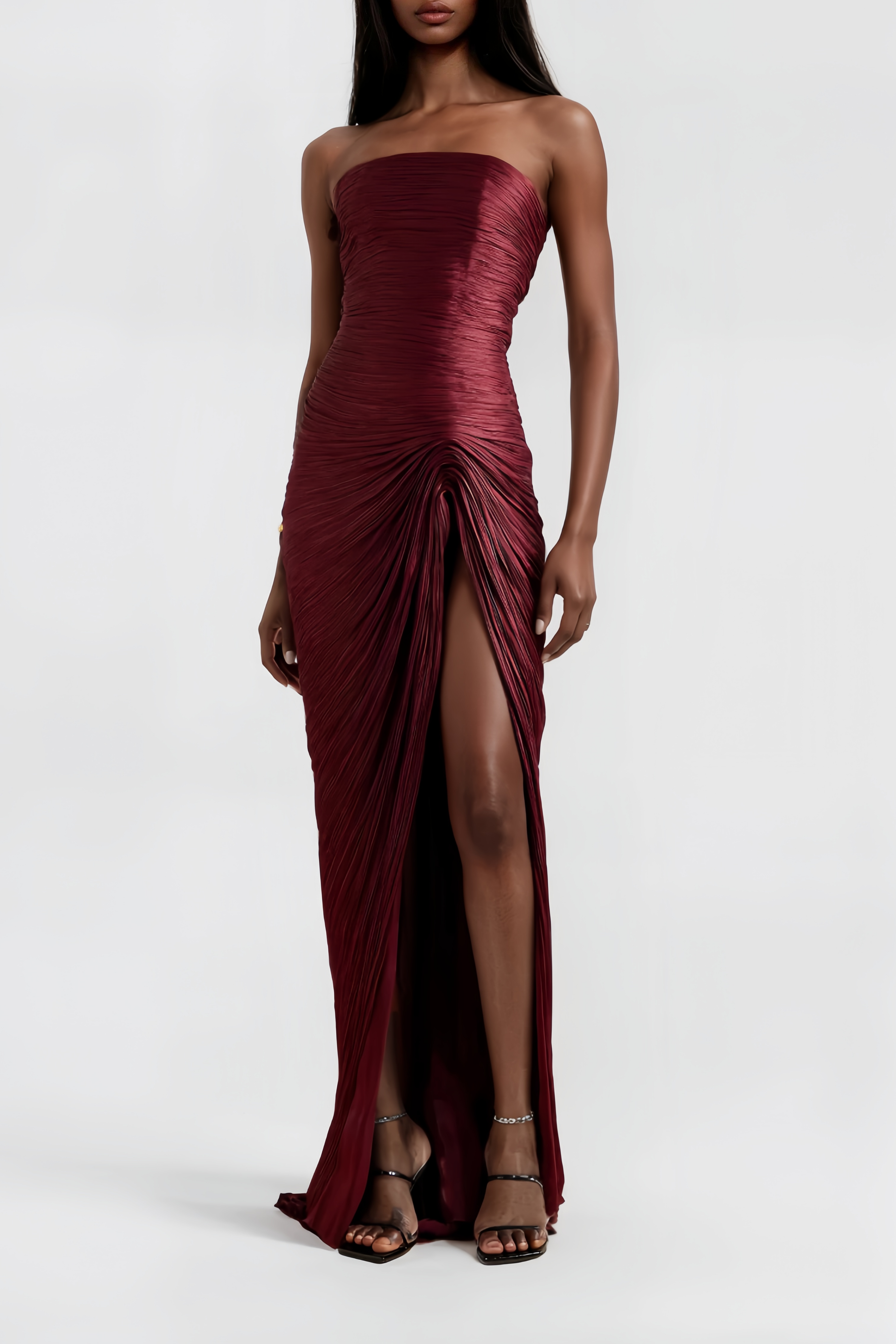 Burgundy Strapless Plissé Silk-Satin Gown & Cape