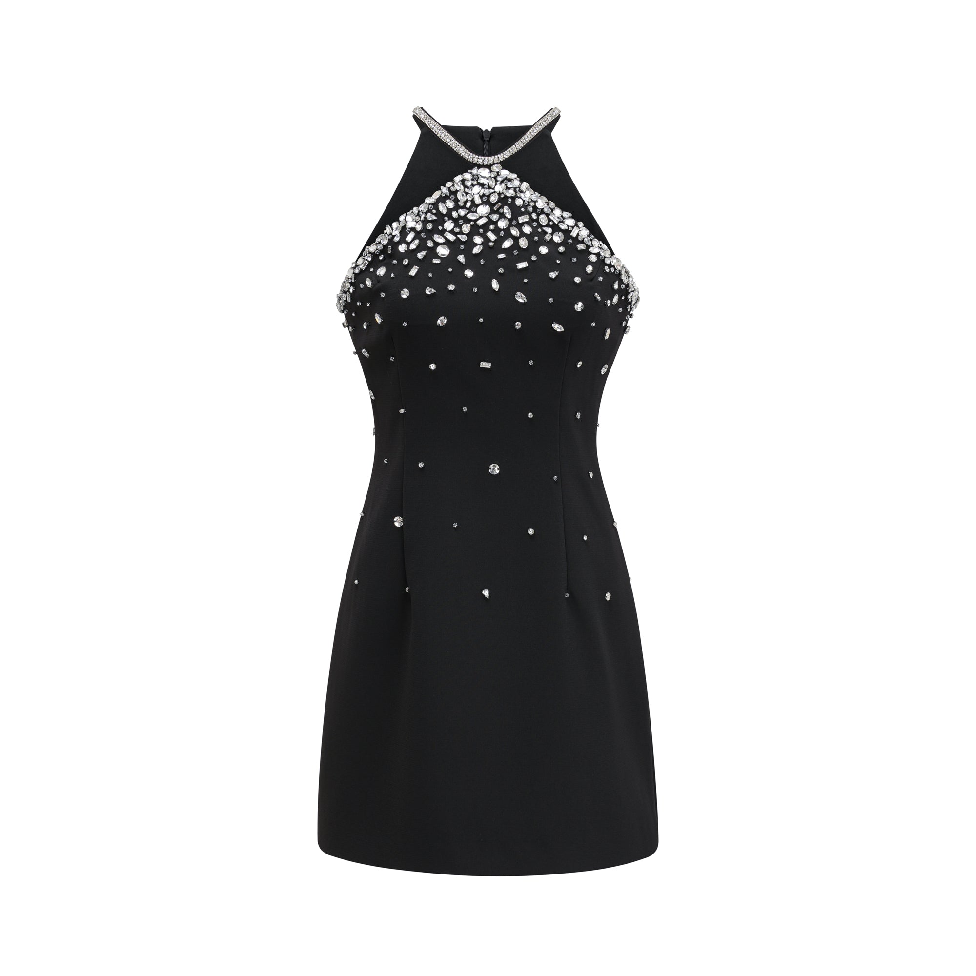 Black halter mini dress embellished with crystals on the neckline and bodice