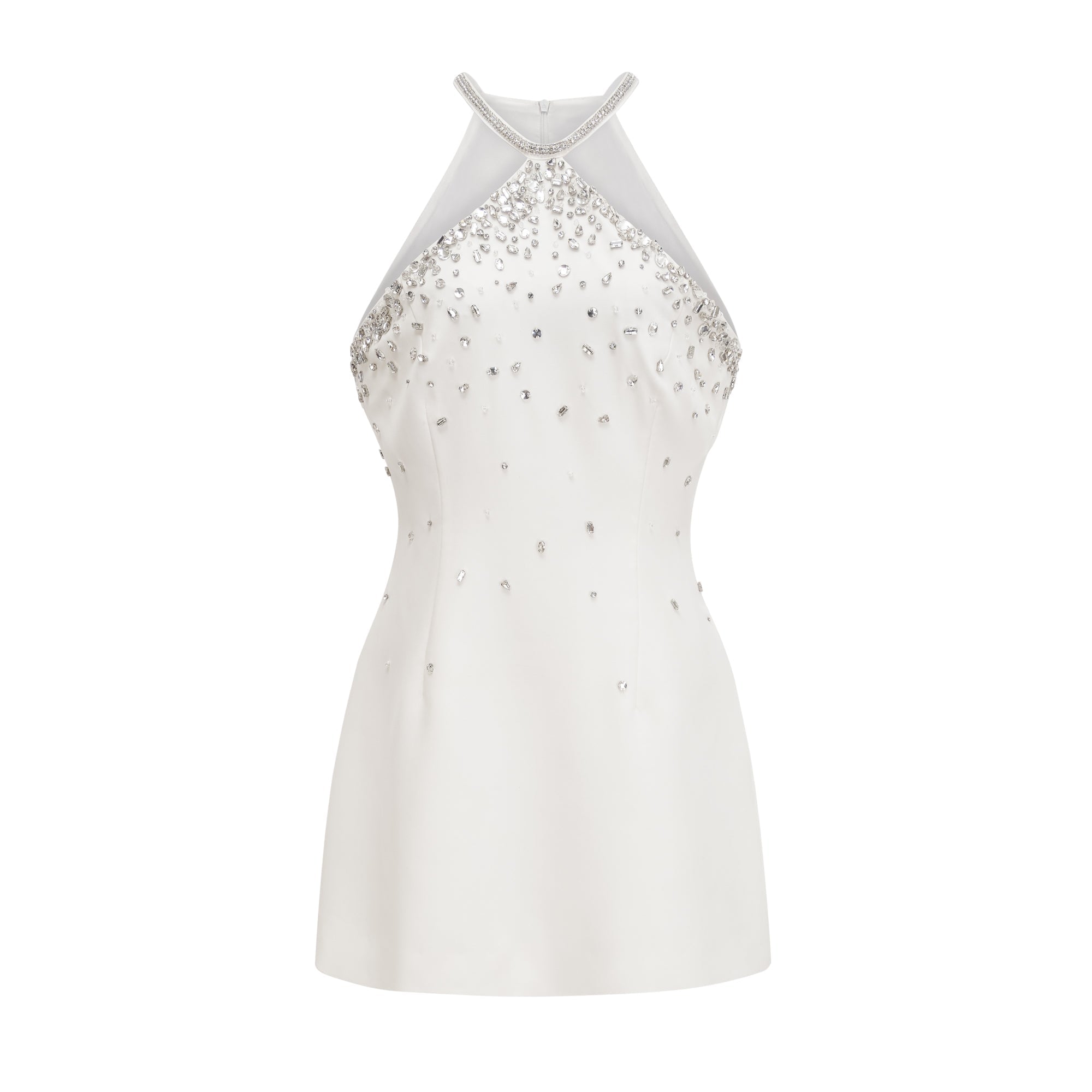 Black halter mini dress embellished with crystals on the neckline and bodice