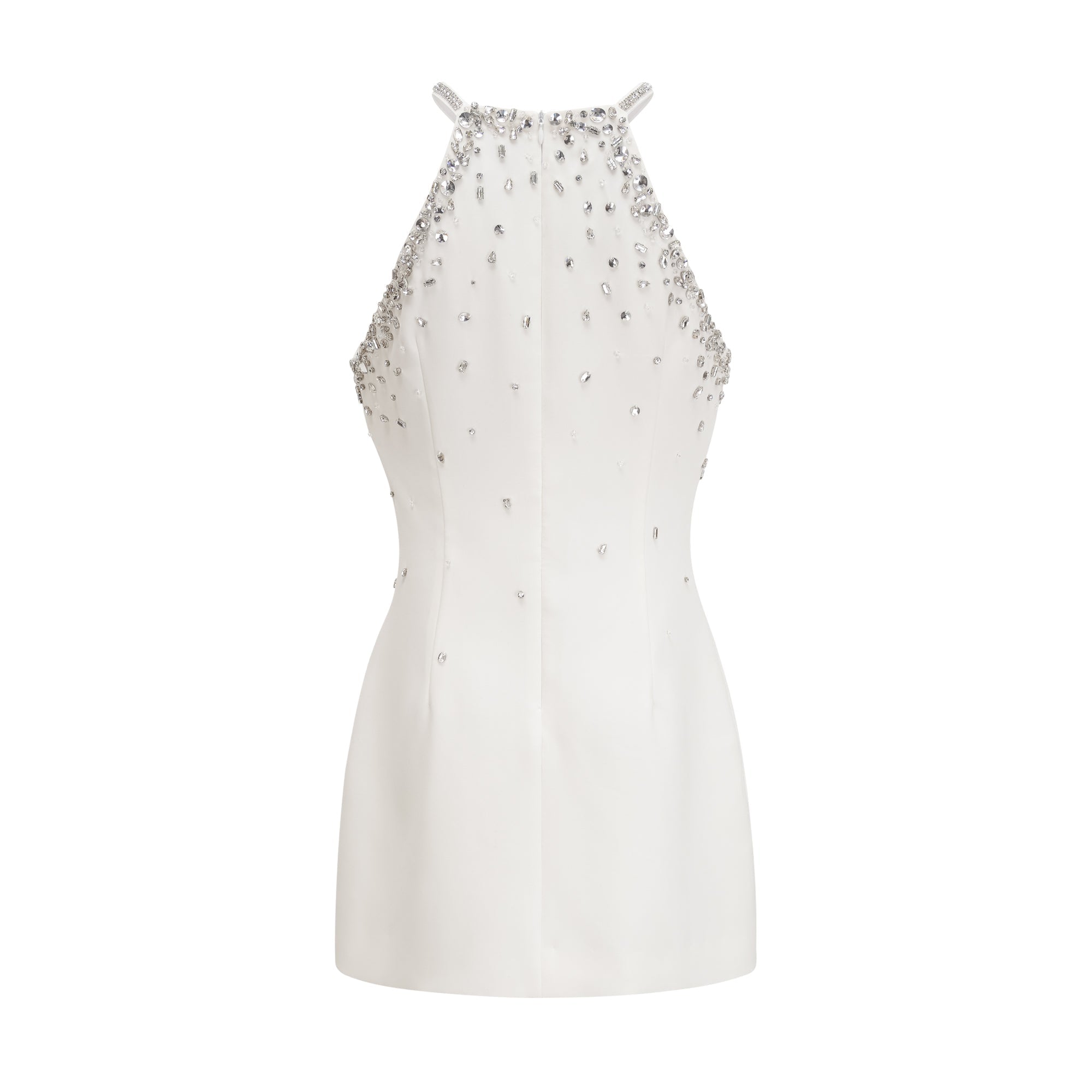 Black halter mini dress embellished with crystals on the neckline and bodice