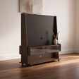 TV Stand Collection with Integrated Back Panel, Fallen Leaf Walnut Finish, Glass-Front Storage, Cable Openings and Caster Base
