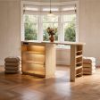 Convertible Bar Table Extension Cabinet with Stone Top, Natural Oak Wood Base and Storage Shelves