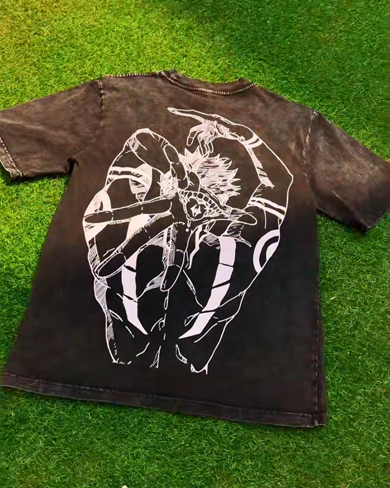 Retro Unisex Casual Anime Print Washed T-shirt-AnimeClothe