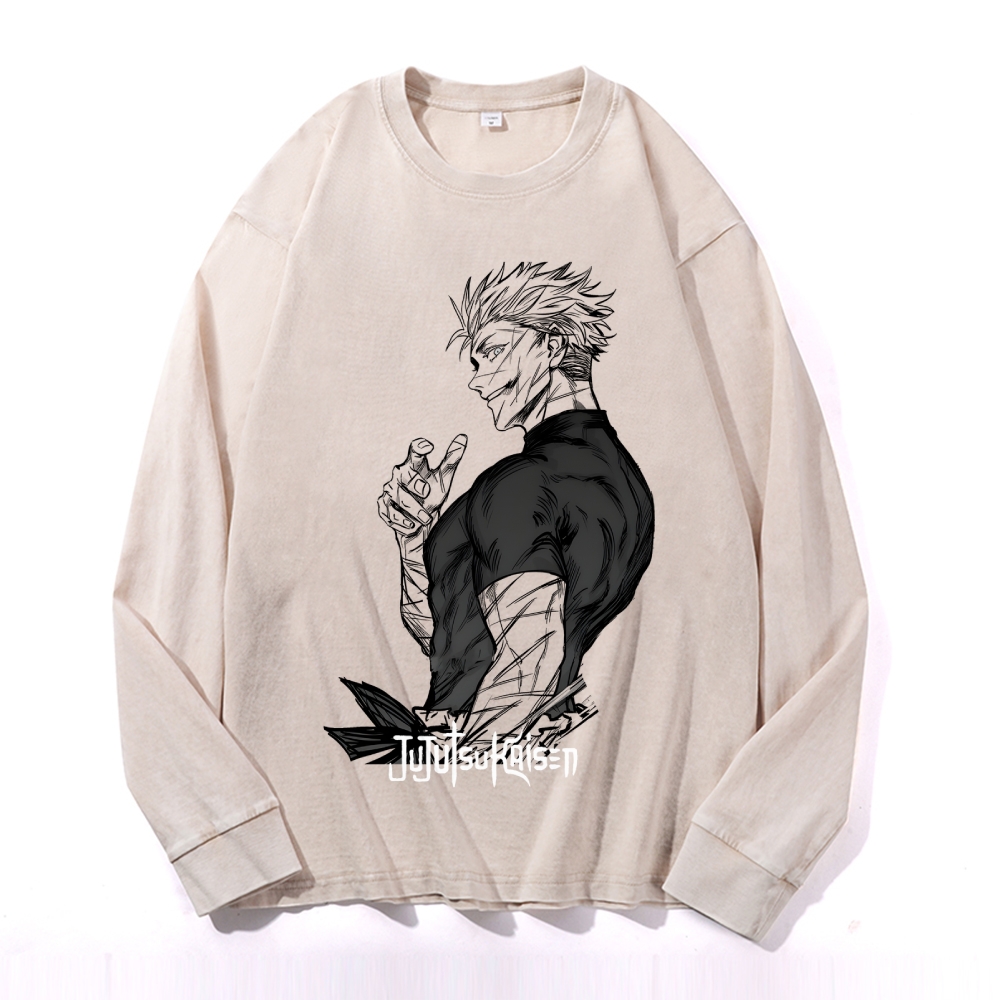 Deep Washed Vintage Anime Print  Long Sleeves T-Shirt-AnimeClothe