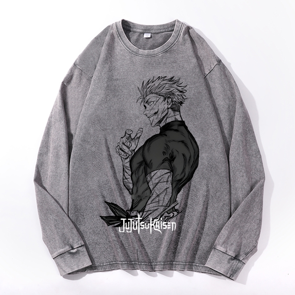 Deep Washed Vintage Anime Print  Long Sleeves T-Shirt-AnimeClothe