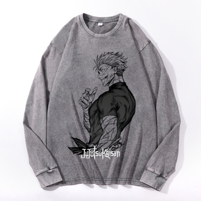 Deep Washed Vintage Anime Print  Long Sleeves T-Shirt-AnimeClothe