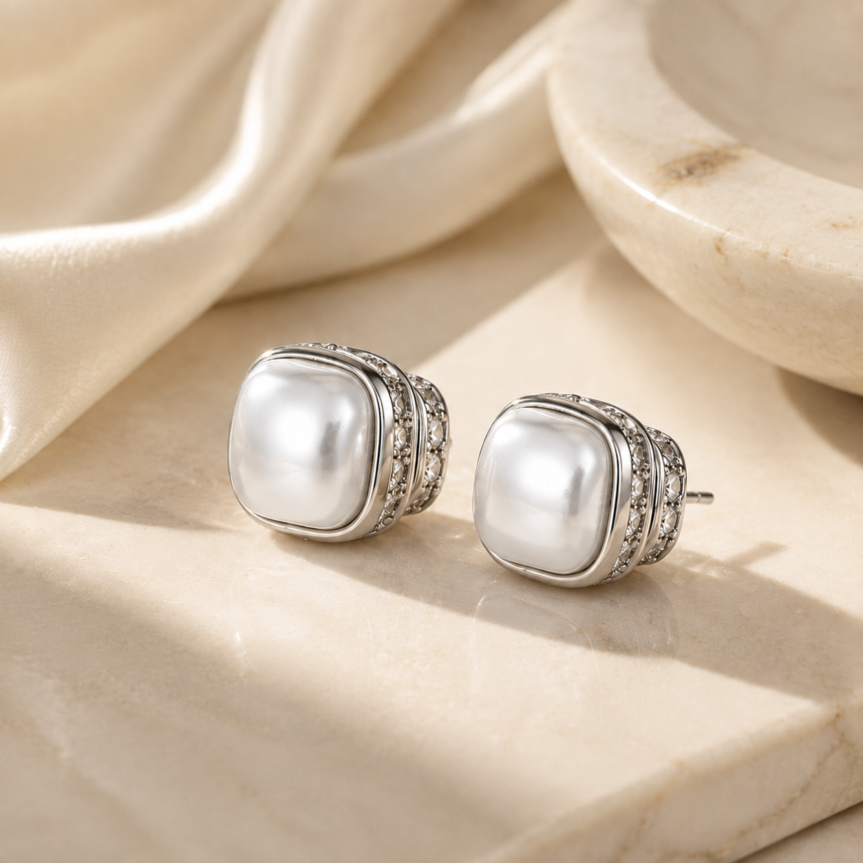 Cushion Pearl Stud Earrings – CZ Accent Earrings with S925 Sterling Silver Posts
