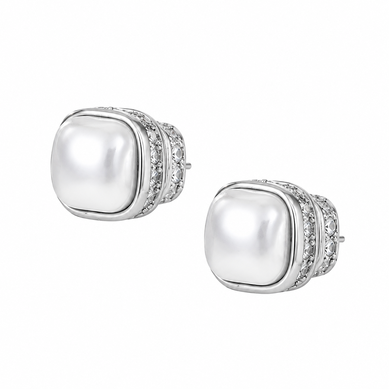 Cushion Pearl Stud Earrings – CZ Accent Earrings with S925 Sterling Silver Posts