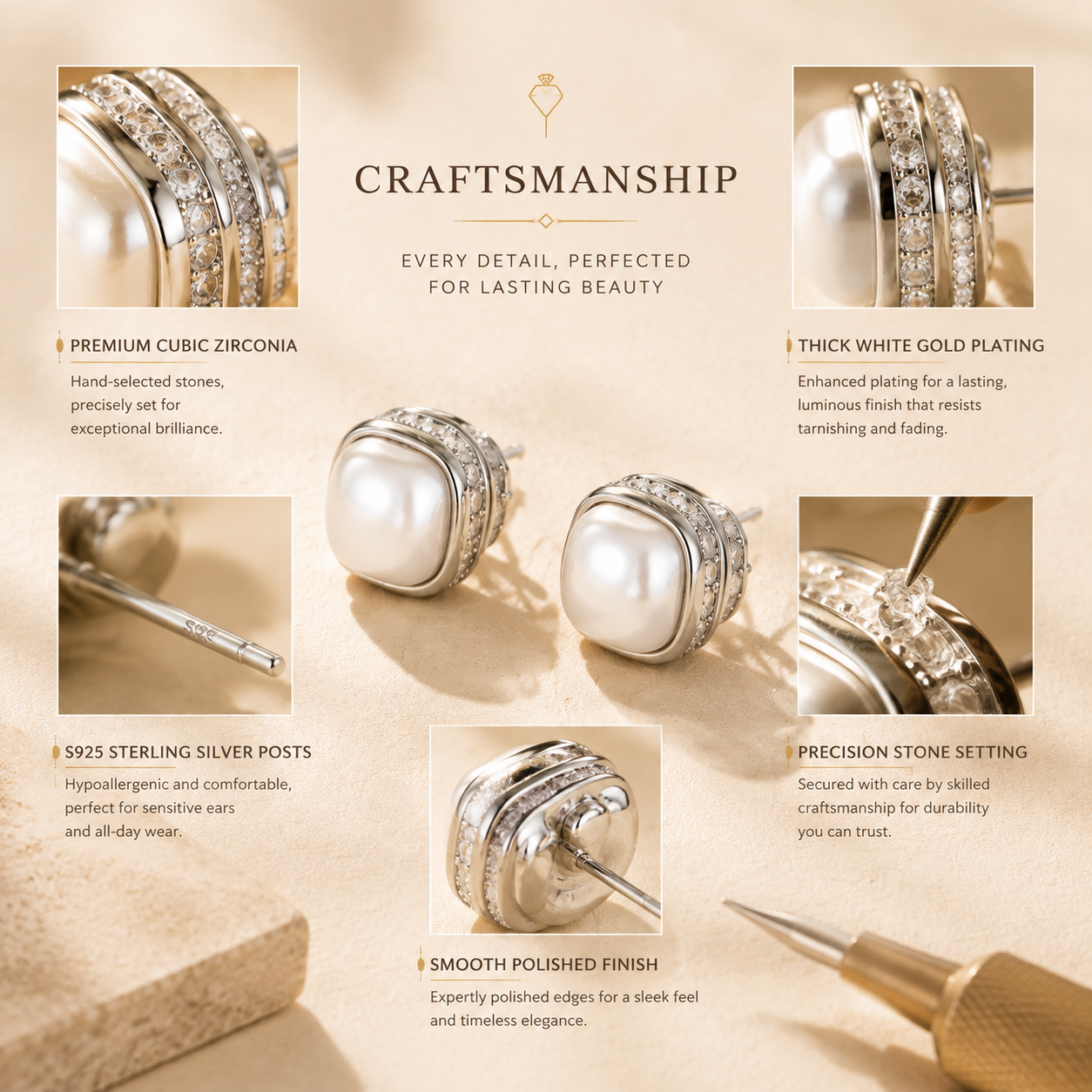 Cushion Pearl Stud Earrings – CZ Accent Earrings with S925 Sterling Silver Posts
