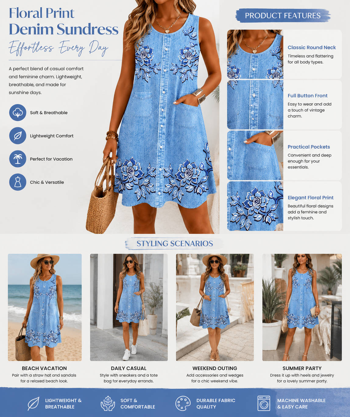 Women's Floral Embroidered Mini Dress – Sleeveless Button Front A-Line Summer Vacation Dress with Pockets