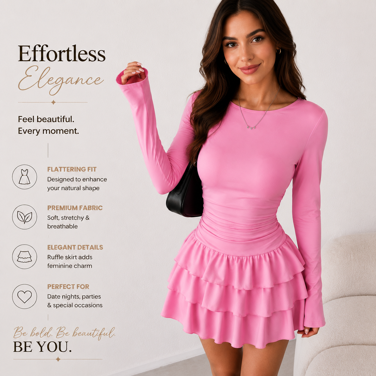 Women's Chocolate Brown Ruffle Mini Dress | Long Sleeve Slim Fit Flare Dress for Date Night, Party & Vacation