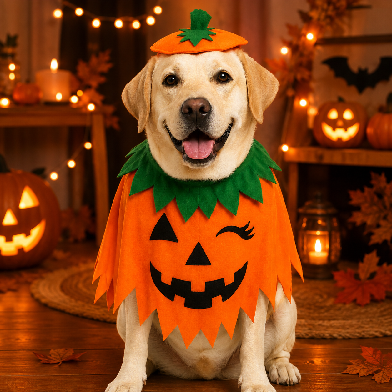 Halloween Pumpkin Pet Costume Set – Jack-O’-Lantern Cape & Hat for Dogs and Cats