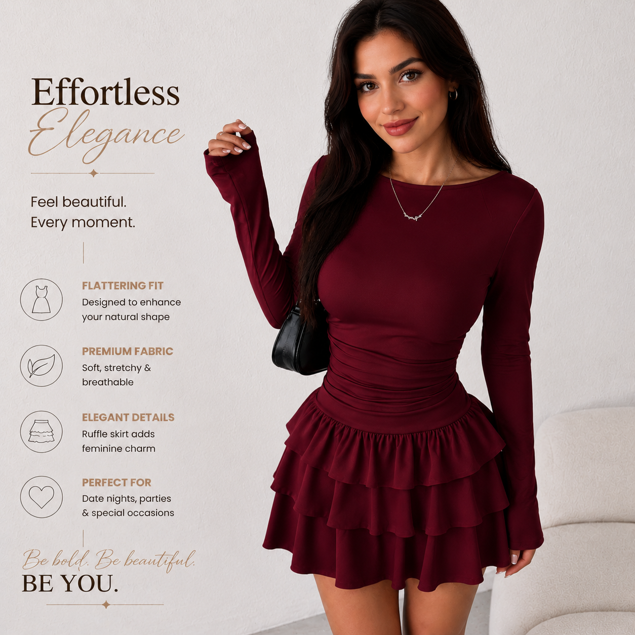Women's Chocolate Brown Ruffle Mini Dress | Long Sleeve Slim Fit Flare Dress for Date Night, Party & Vacation