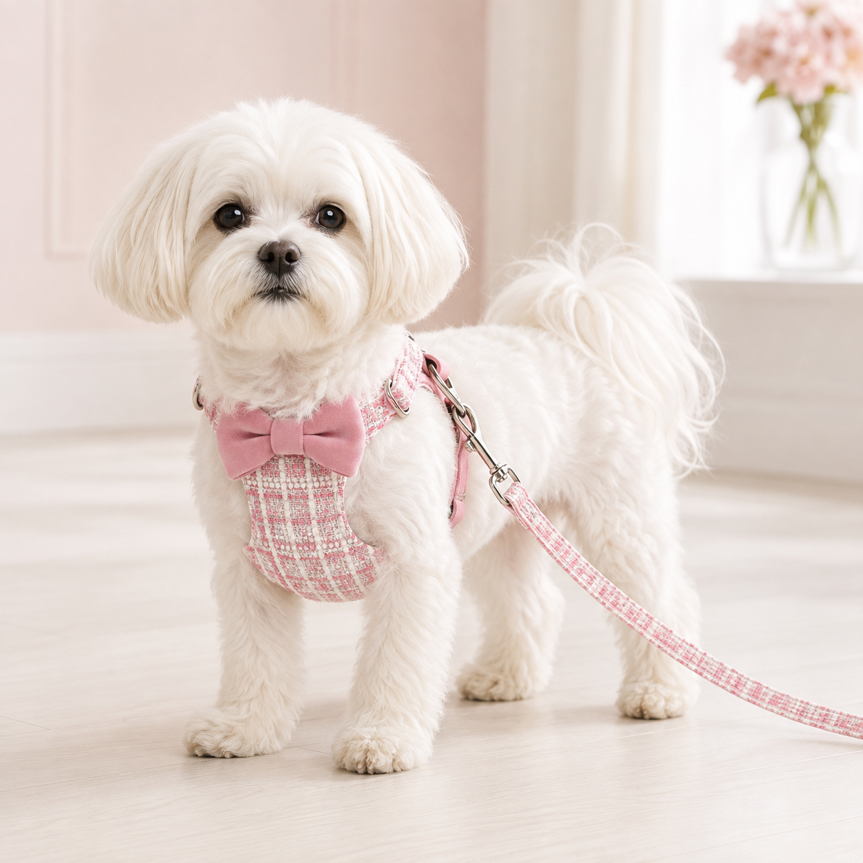 Elegant Tweed Bow Dog Harness & Leash Set – Adjustable Walking Set for Small Dogs