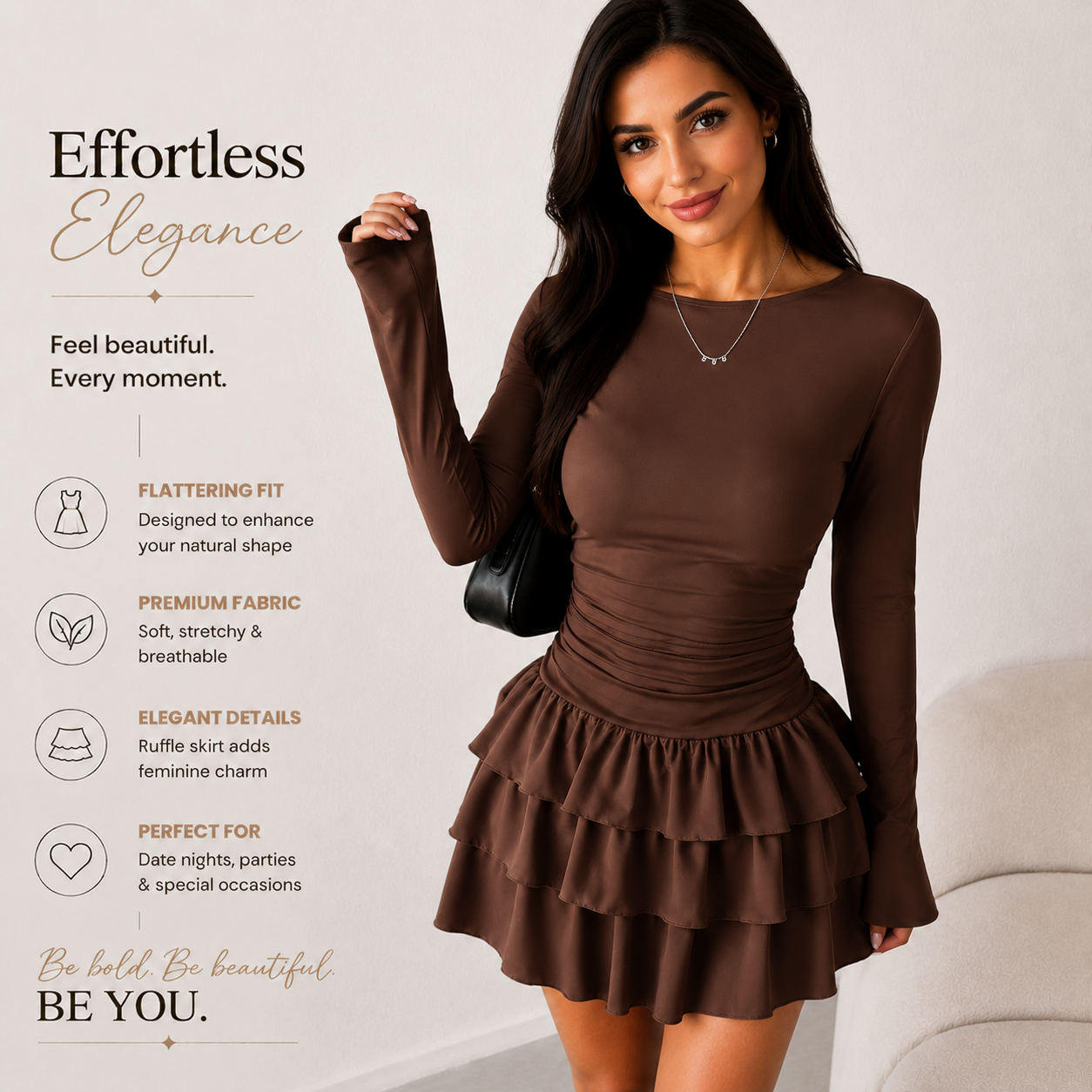 Women's Chocolate Brown Ruffle Mini Dress | Long Sleeve Slim Fit Flare Dress for Date Night, Party & Vacation