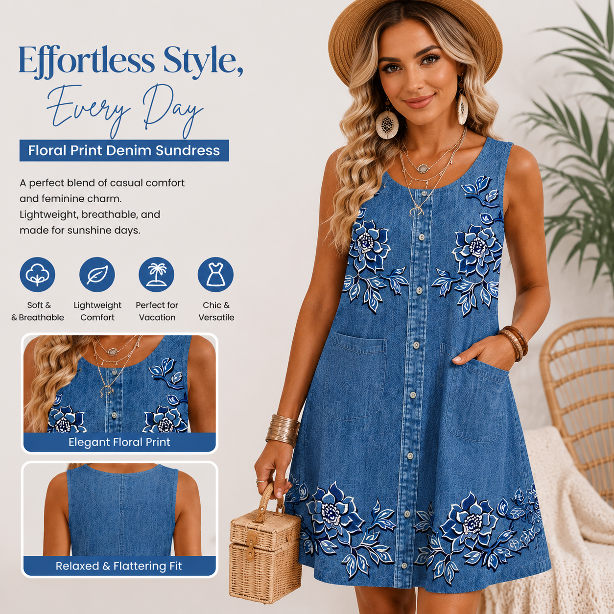 Women's Floral Embroidered Mini Dress – Sleeveless Button Front A-Line Summer Vacation Dress with Pockets