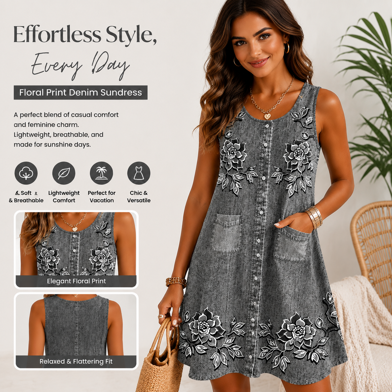 Women's Floral Embroidered Mini Dress – Sleeveless Button Front A-Line Summer Vacation Dress with Pockets