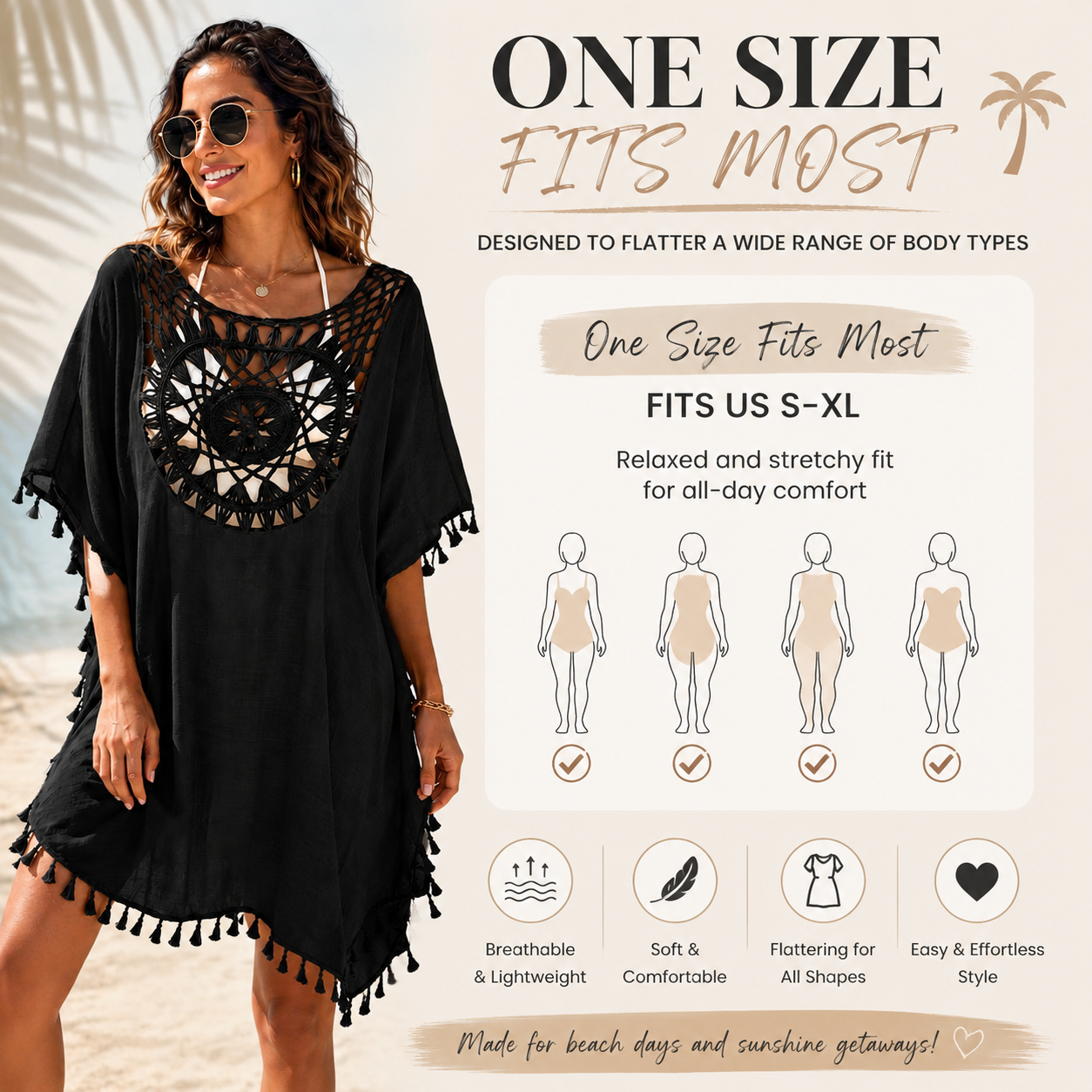 Women's Black Crochet Beach Cover Up Dress – Boho Hollow Out Tassel Tunic for Summer Vacation & Resort Wear