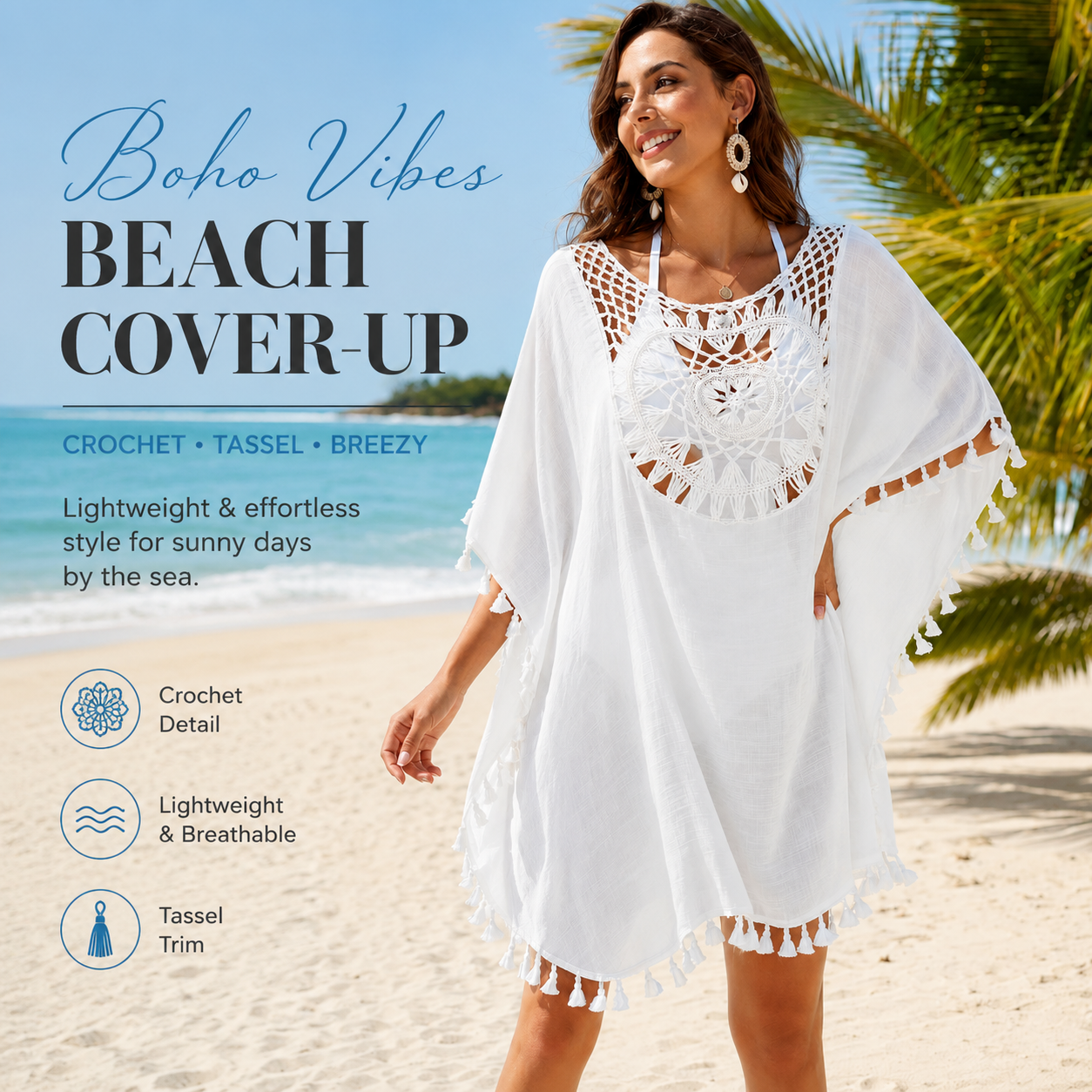 Women's Black Crochet Beach Cover Up Dress – Boho Hollow Out Tassel Tunic for Summer Vacation & Resort Wear