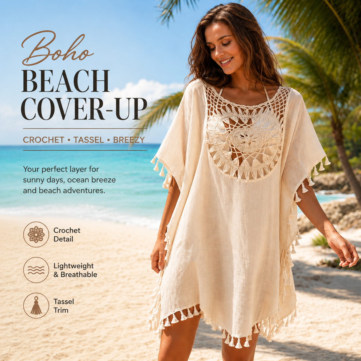 Women's Black Crochet Beach Cover Up Dress – Boho Hollow Out Tassel Tunic for Summer Vacation & Resort Wear