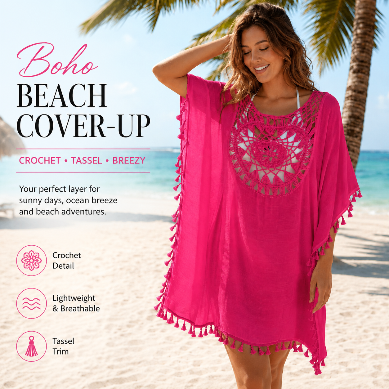 Women's Black Crochet Beach Cover Up Dress – Boho Hollow Out Tassel Tunic for Summer Vacation & Resort Wear