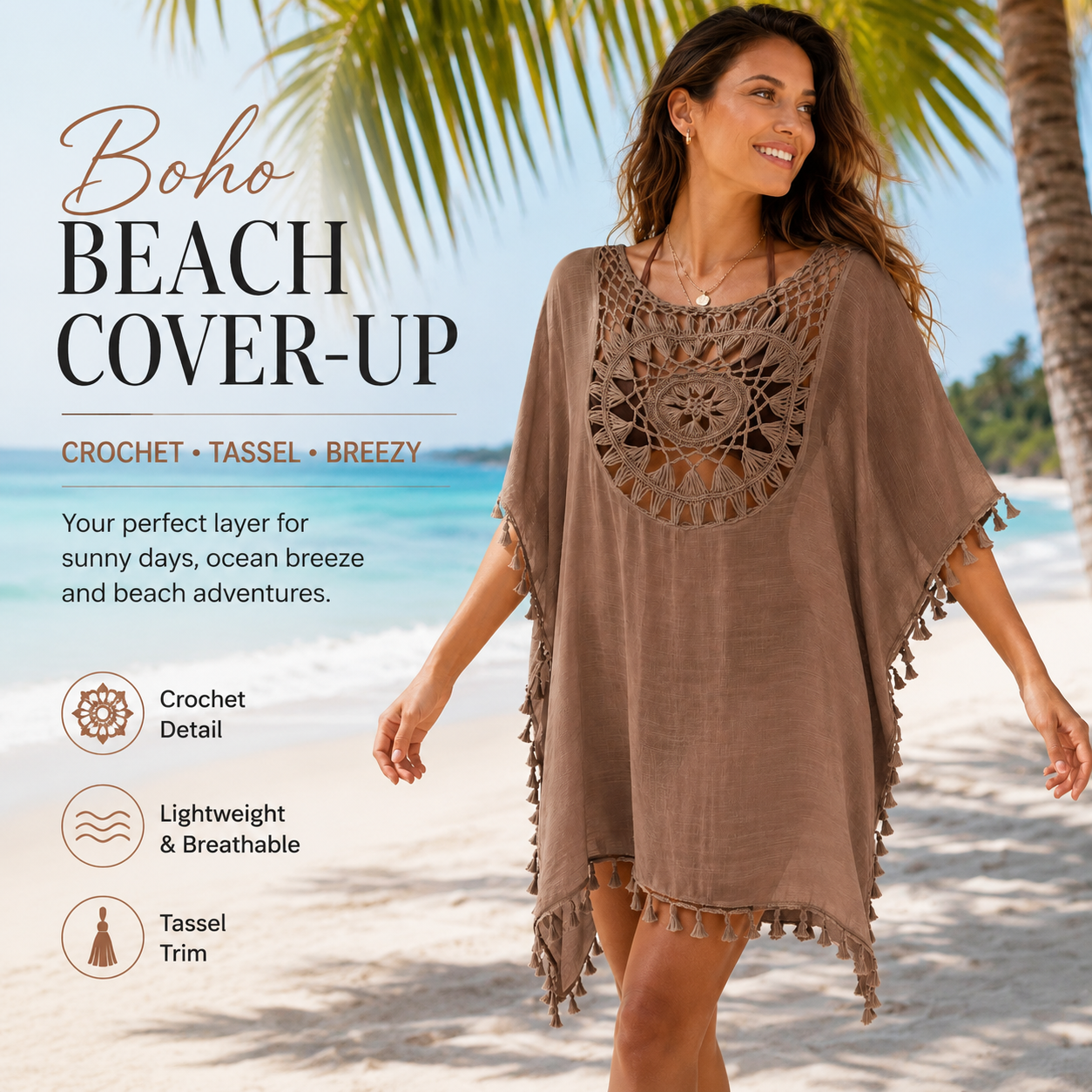 Women's Black Crochet Beach Cover Up Dress – Boho Hollow Out Tassel Tunic for Summer Vacation & Resort Wear