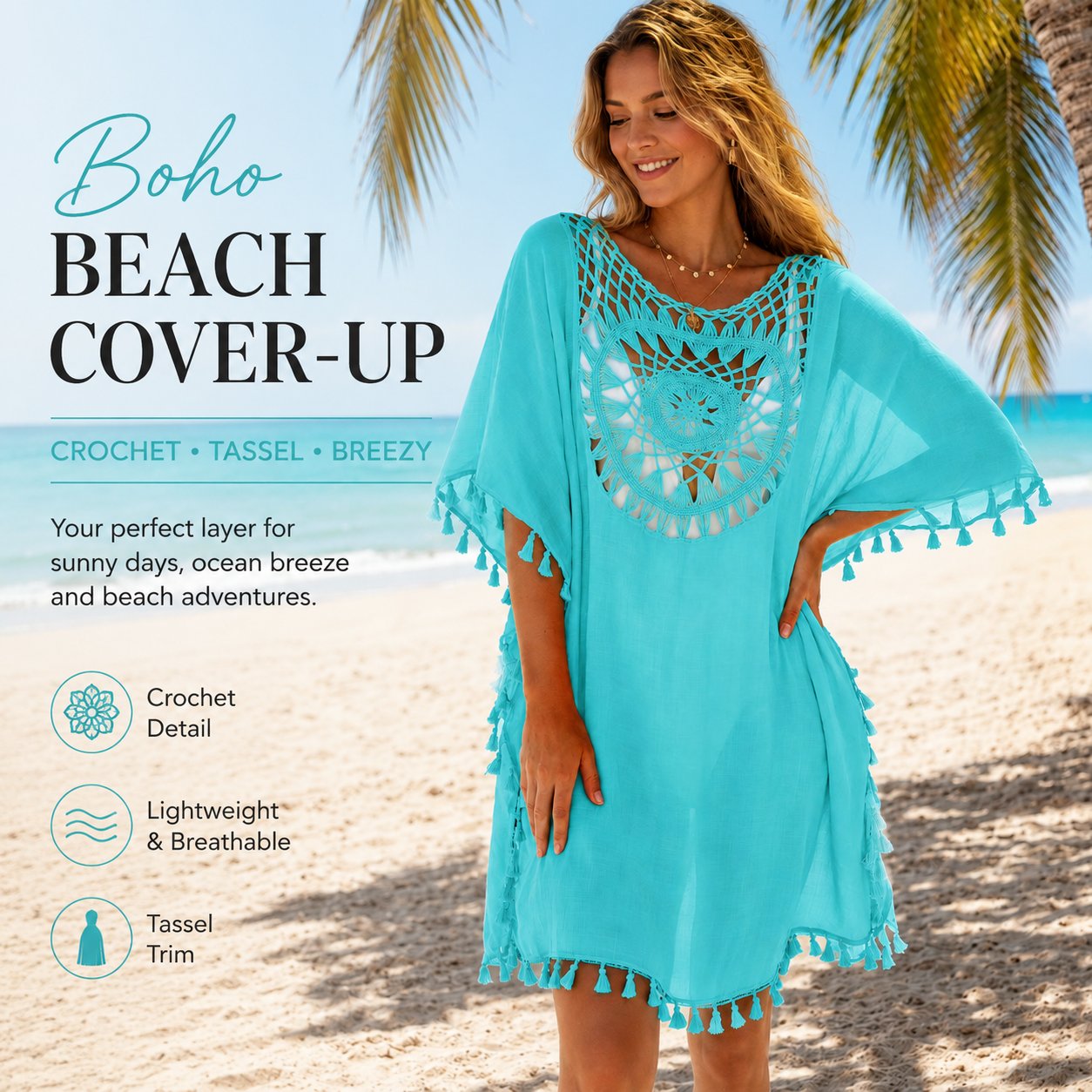 Women's Black Crochet Beach Cover Up Dress – Boho Hollow Out Tassel Tunic for Summer Vacation & Resort Wear