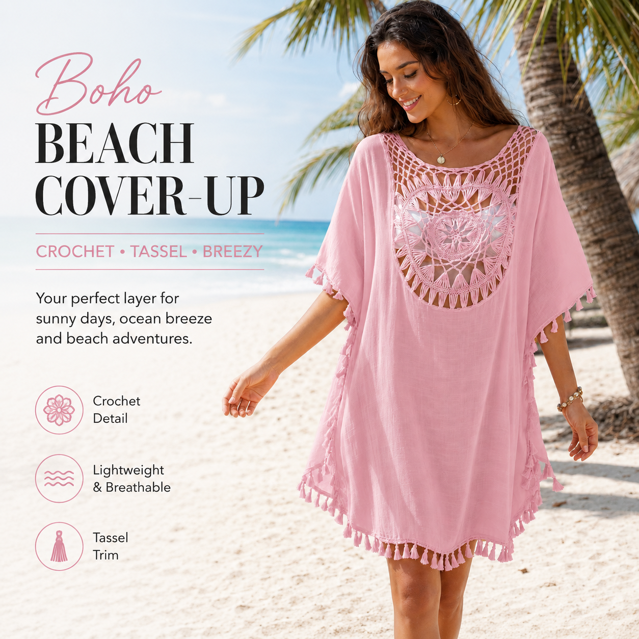 Women's Black Crochet Beach Cover Up Dress – Boho Hollow Out Tassel Tunic for Summer Vacation & Resort Wear