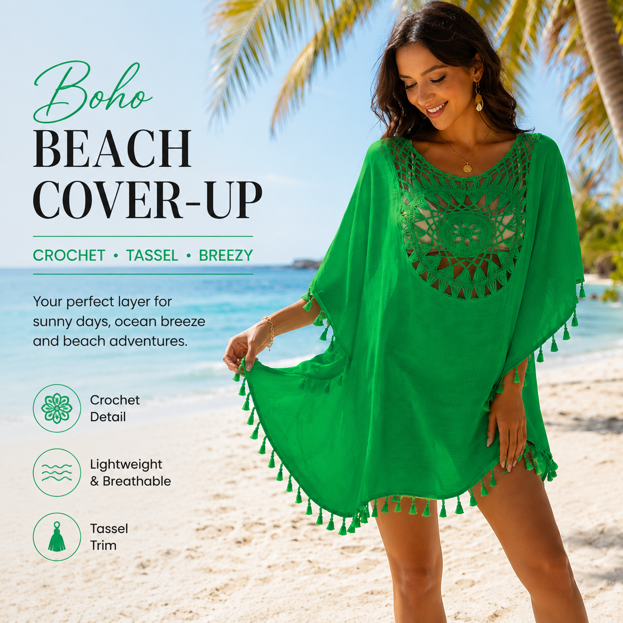 Women's Black Crochet Beach Cover Up Dress – Boho Hollow Out Tassel Tunic for Summer Vacation & Resort Wear