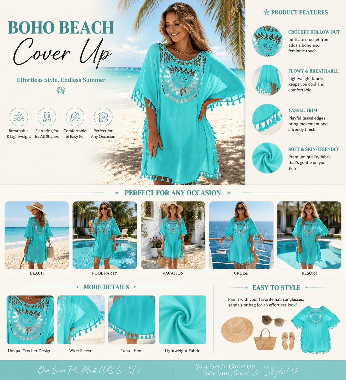 Women's Black Crochet Beach Cover Up Dress – Boho Hollow Out Tassel Tunic for Summer Vacation & Resort Wear