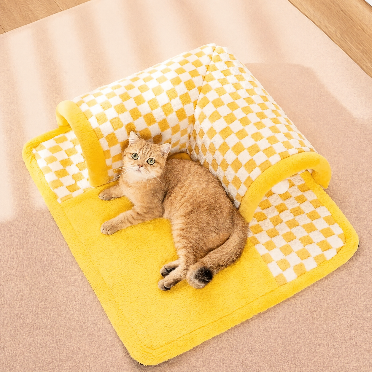 Convertible Double-Tunnel Cat Bed – Removable & Washable Cozy Play Mat