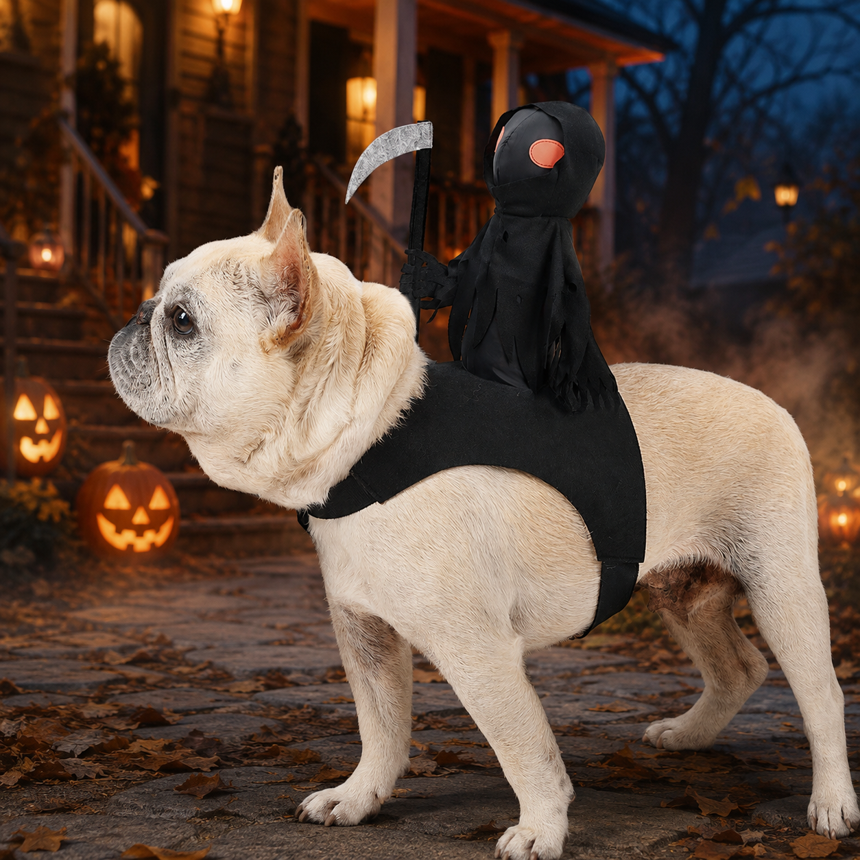 Halloween Grim Reaper Rider Pet Costume – Funny Scythe Illusion Outfit for Dogs & Cats