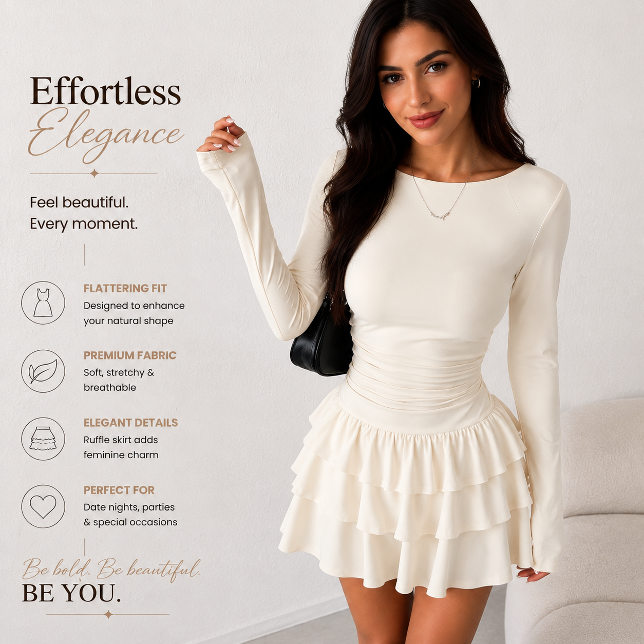 Women's Chocolate Brown Ruffle Mini Dress | Long Sleeve Slim Fit Flare Dress for Date Night, Party & Vacation