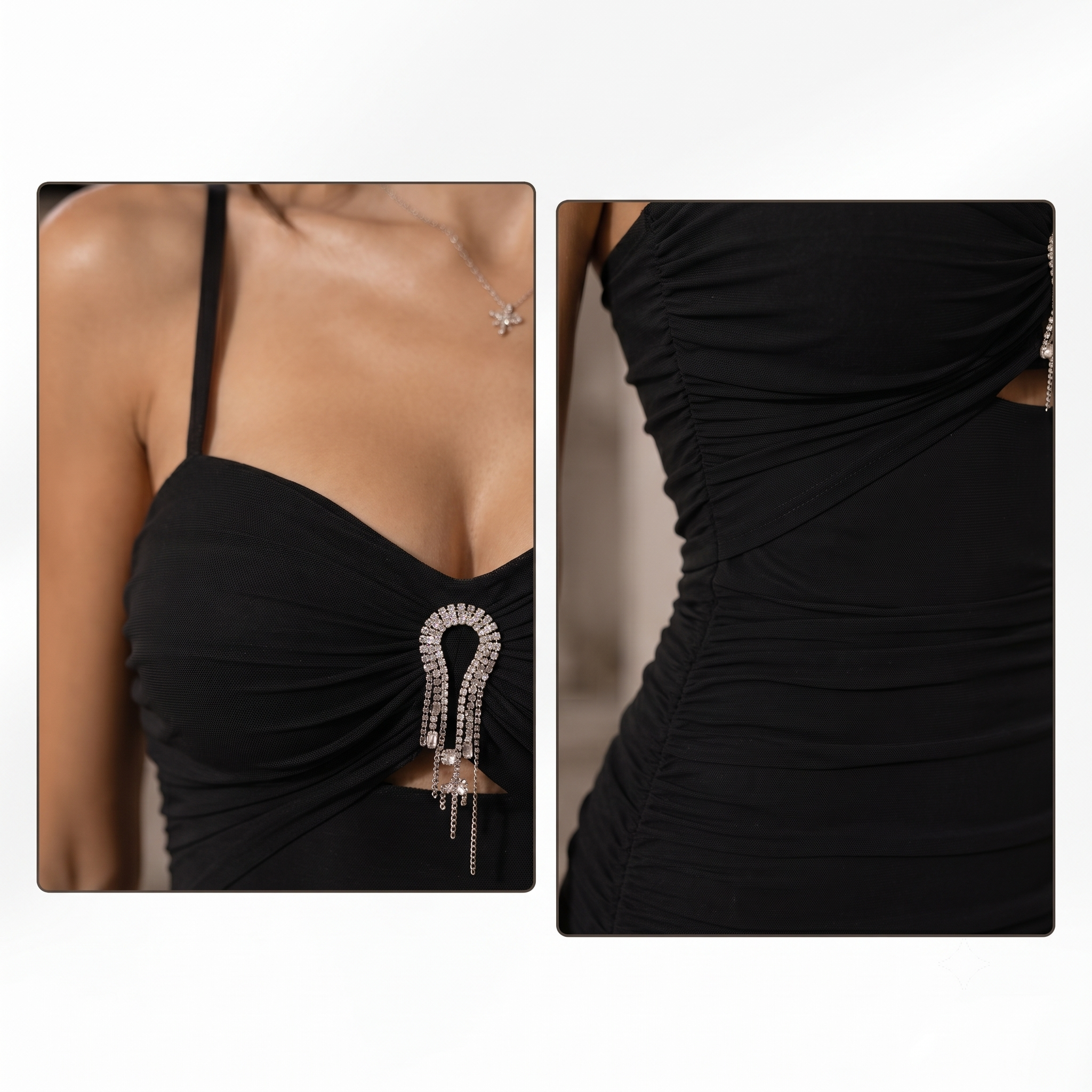 Women's Red Ruched Maxi Dress – Rhinestone Spaghetti Strap Bodycon Evening Dress