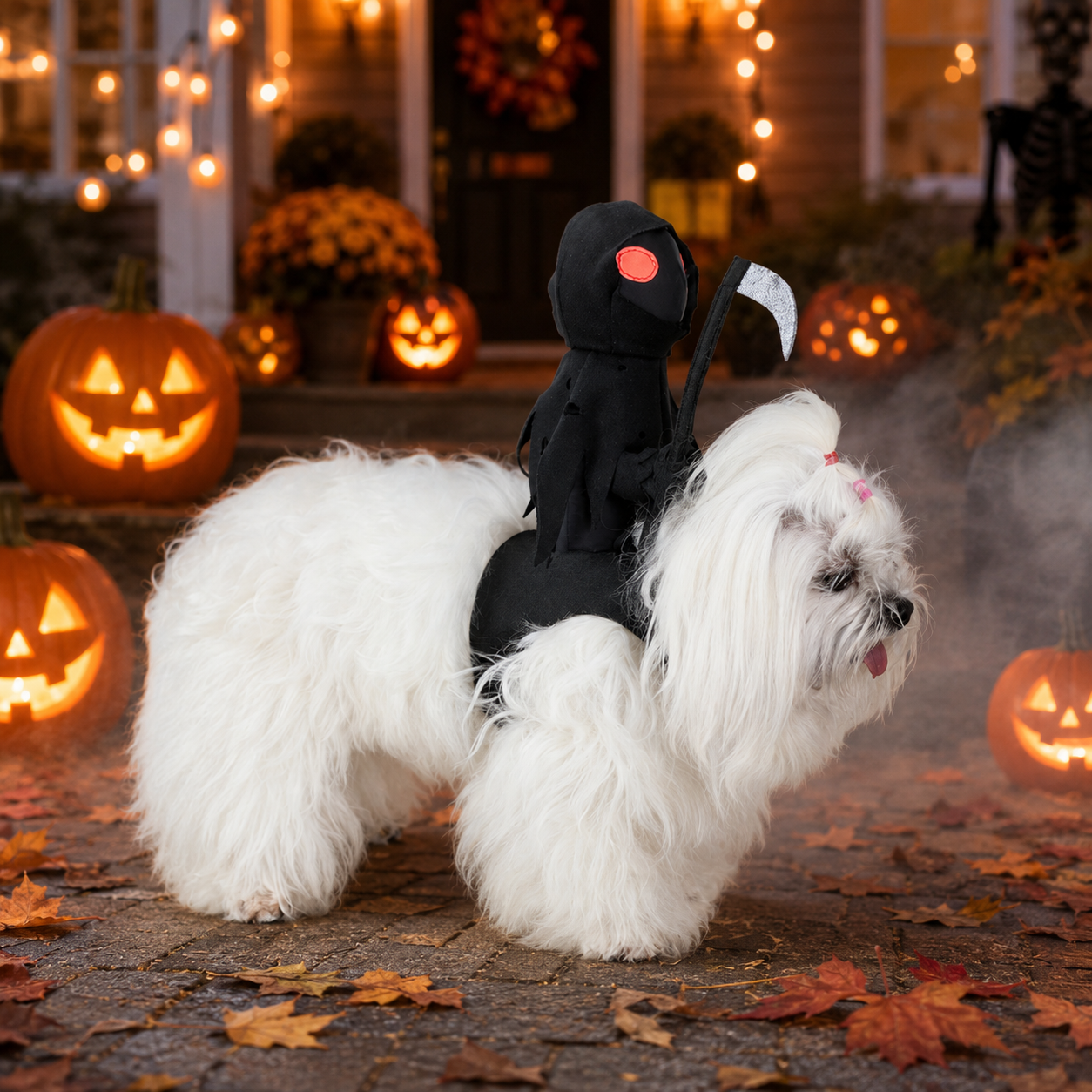 Halloween Grim Reaper Rider Pet Costume – Funny Scythe Illusion Outfit for Dogs & Cats