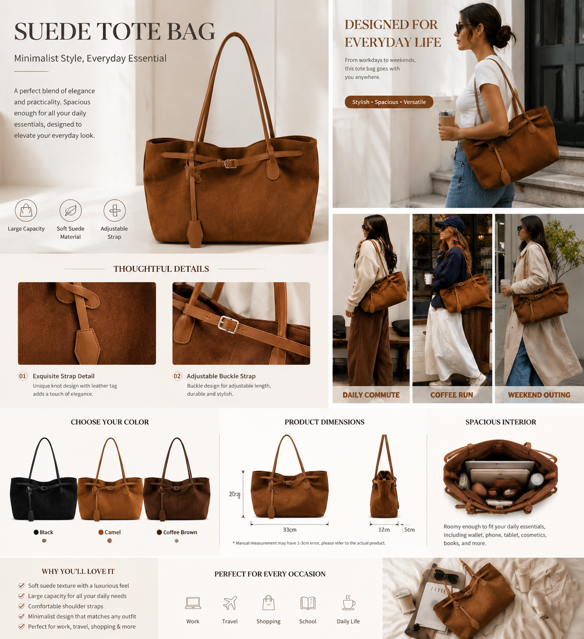 Women's Suede Tote Bag – Large Capacity Minimalist Shoulder Handbag for Work, Travel & Everyday Style