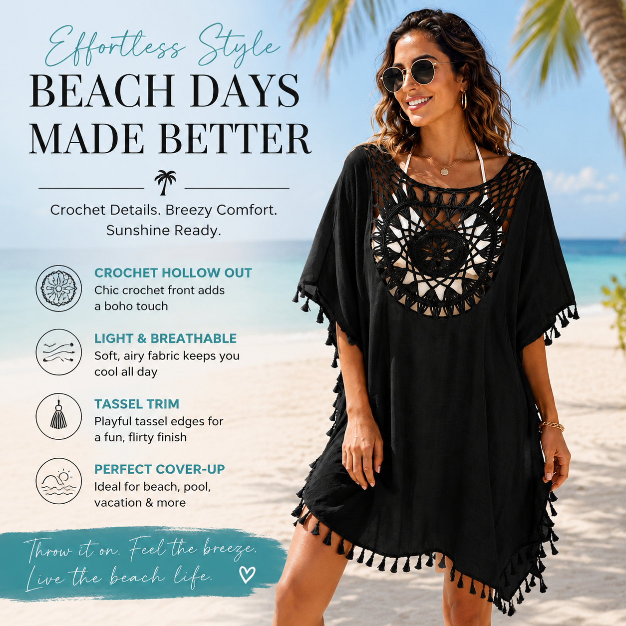 Women's Black Crochet Beach Cover Up Dress – Boho Hollow Out Tassel Tunic for Summer Vacation & Resort Wear