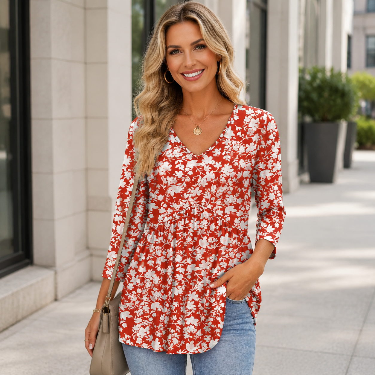 Women's V Neck Peplum Tunic Top – 3/4 Sleeve Flowy Blouse for Casual Everyday Style