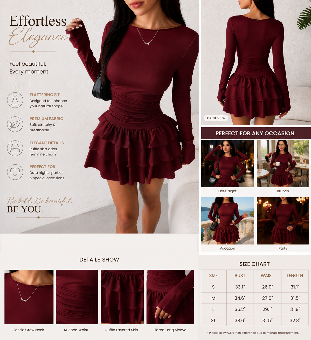 Women's Chocolate Brown Ruffle Mini Dress | Long Sleeve Slim Fit Flare Dress for Date Night, Party & Vacation