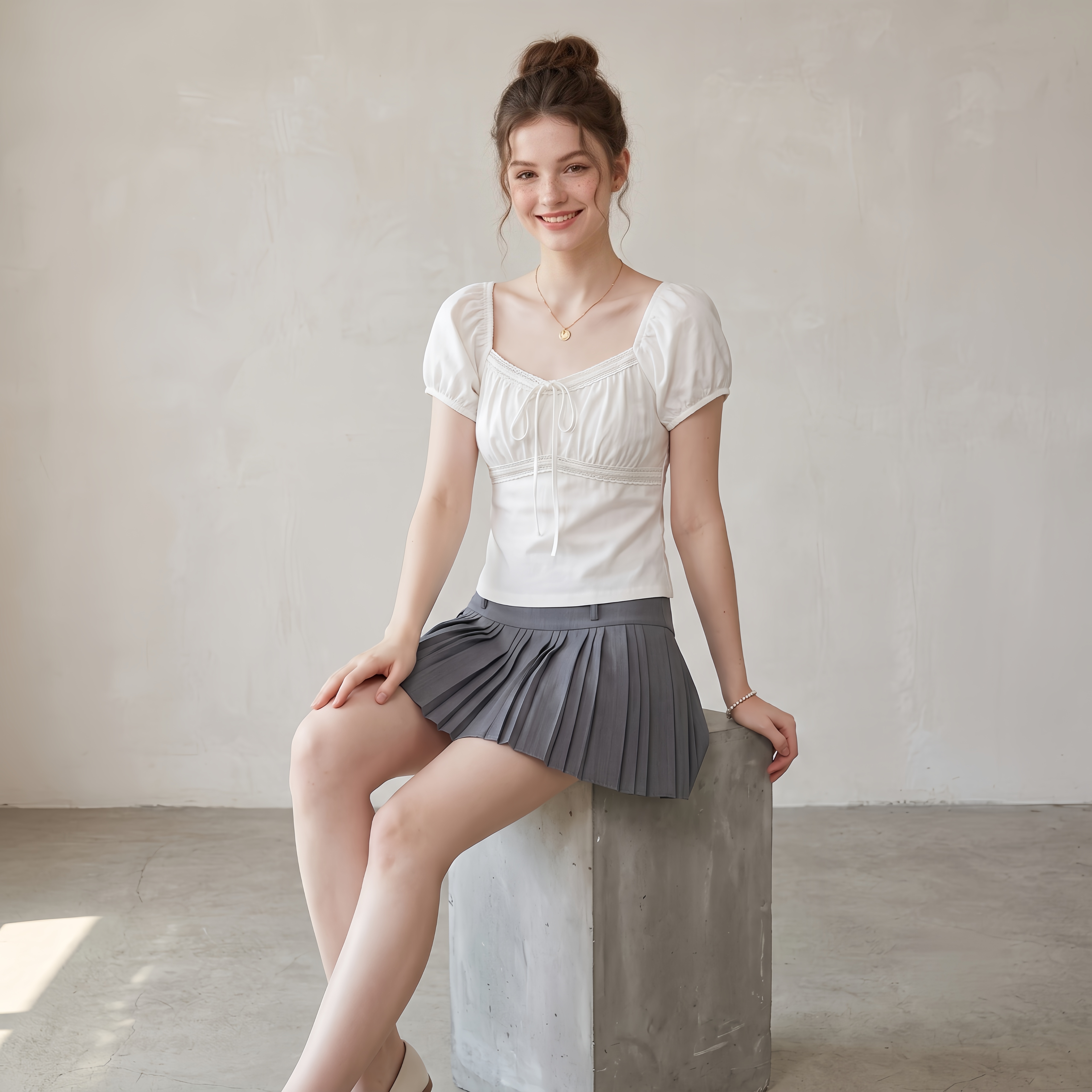💖"First Love" Sweetheart Puff Sleeve Lace-Trim Blouse