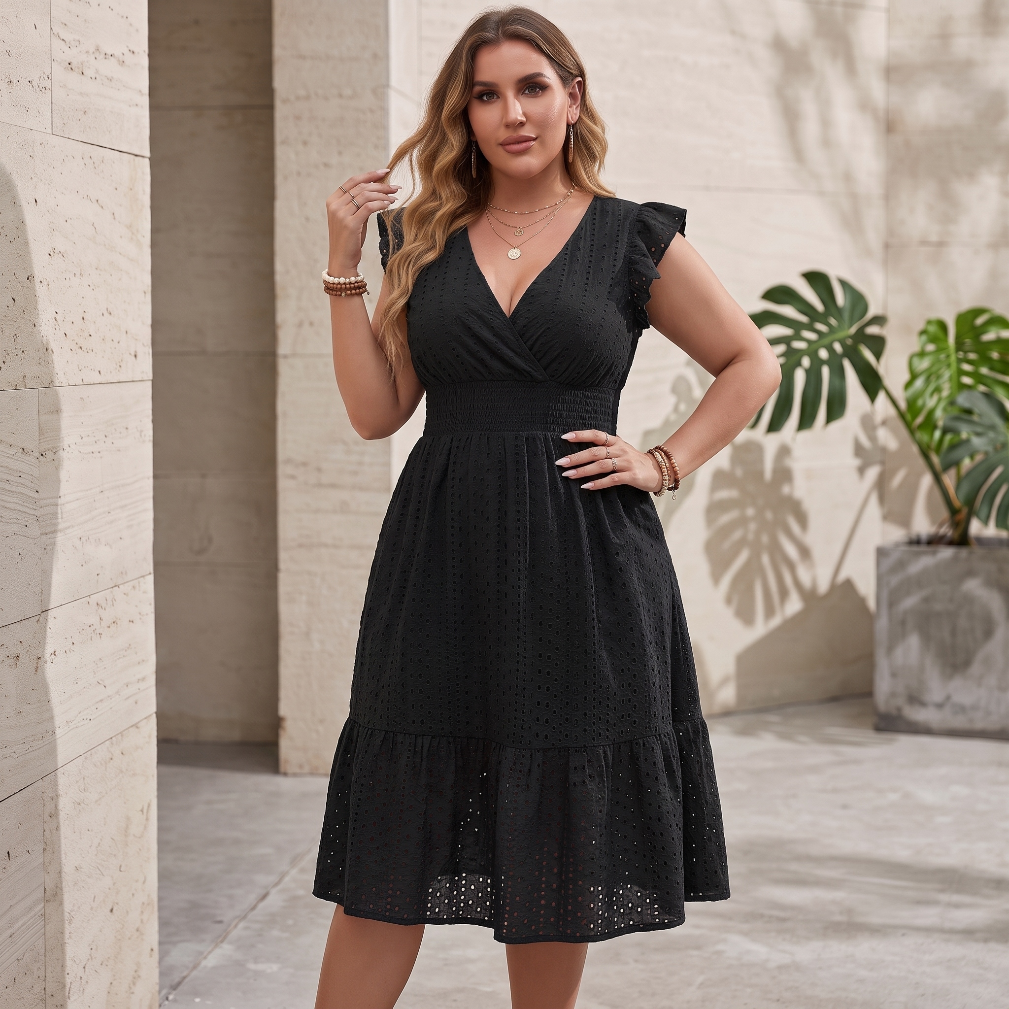 ✨"Holiday Romance" French Eyelet V-Neck Smocked Midi Dress