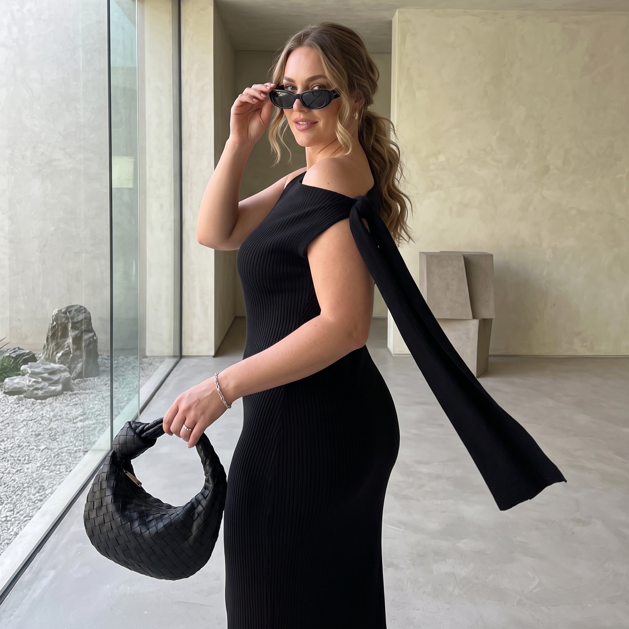 🦢"Midnight Swan" One-Shoulder Tie Floor-Length Evening Gown